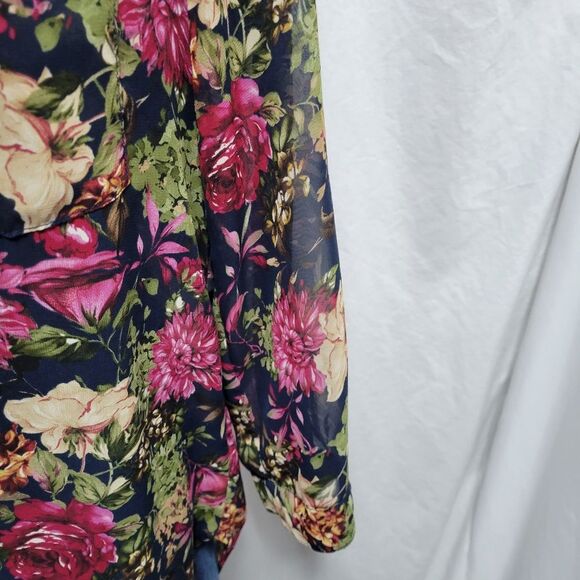 Pleione floral long sleeve V-neck button down black chiffon blouse, size S - Picture 4 of 7